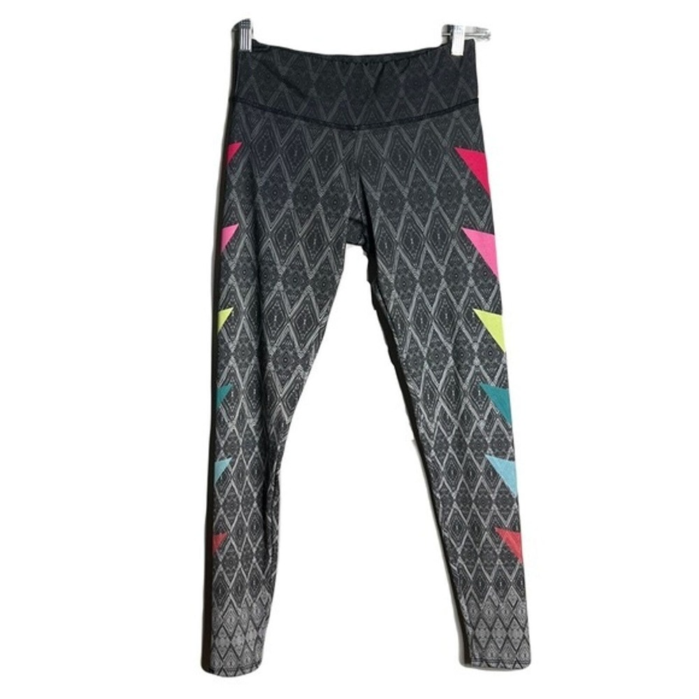Onzie Pants Womens Small Medium Hot Yoga Legging Gray Multicolor Triangle Print